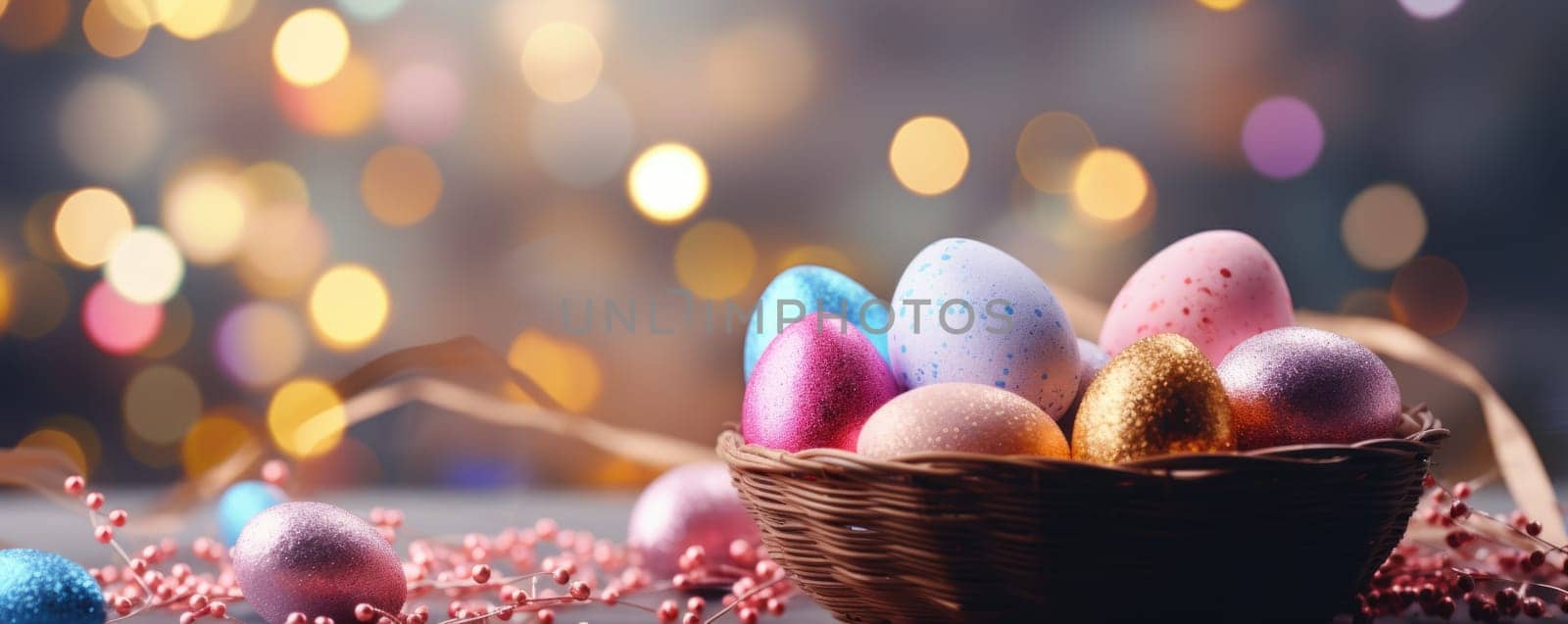 easter banner with easter decorations, easter basket, sparkling bokeh, pastell colors. ai generated