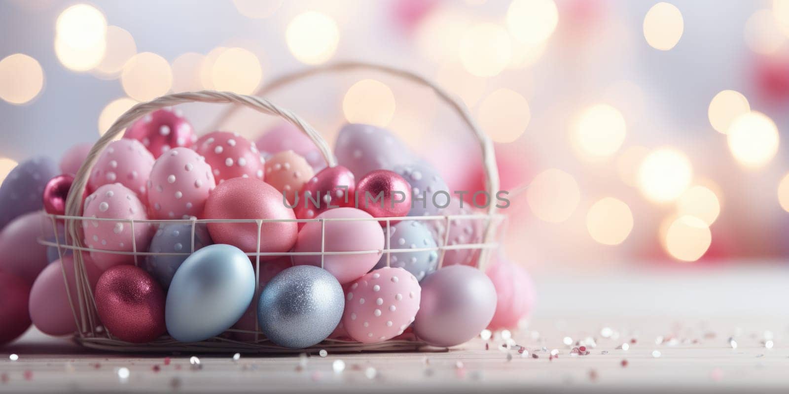 easter banner with easter decorations, easter basket, sparkling bokeh, pastell colors. ai generated