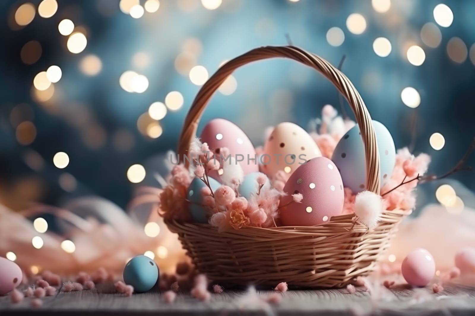 easter banner with easter decorations, easter basket, sparkling bokeh, pastell colors. ai generated