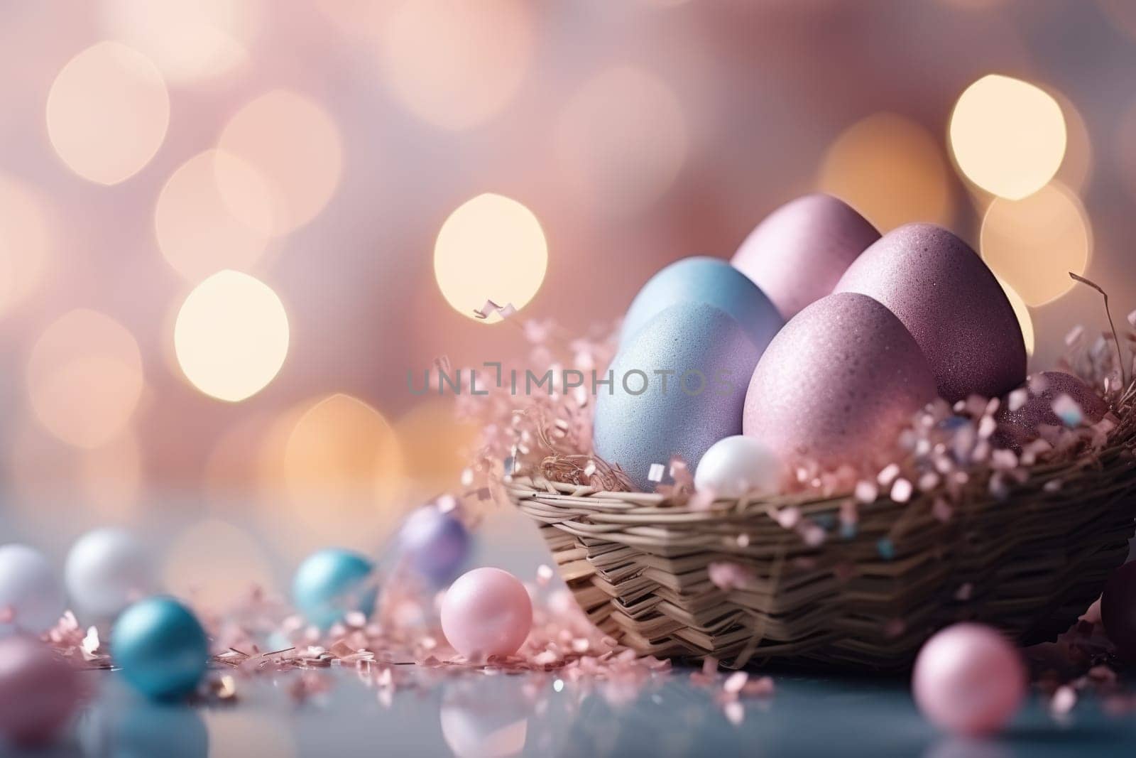 easter banner with easter decorations, easter basket, sparkling bokeh, pastell colors. ai generated