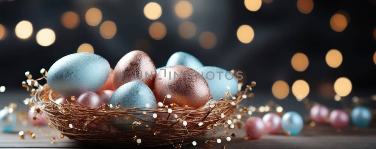 easter banner with easter decorations, easter basket, sparkling bokeh, pastell colors. ai generated