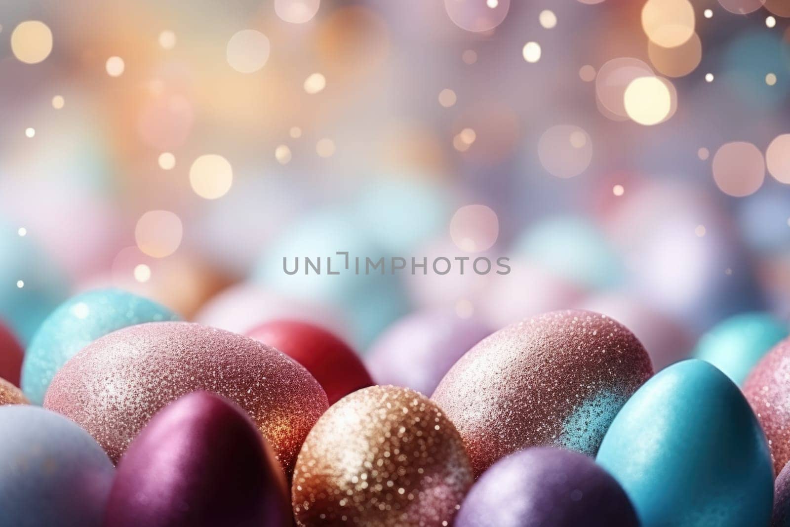 easter banner with easter decorations, easter basket, sparkling bokeh, pastell colors. ai generated