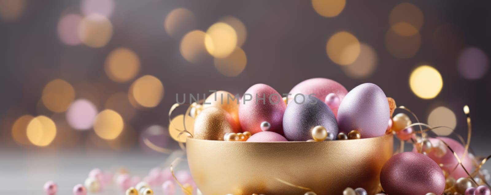 easter banner with easter decorations, easter basket, sparkling bokeh, pastell colors. ai generated