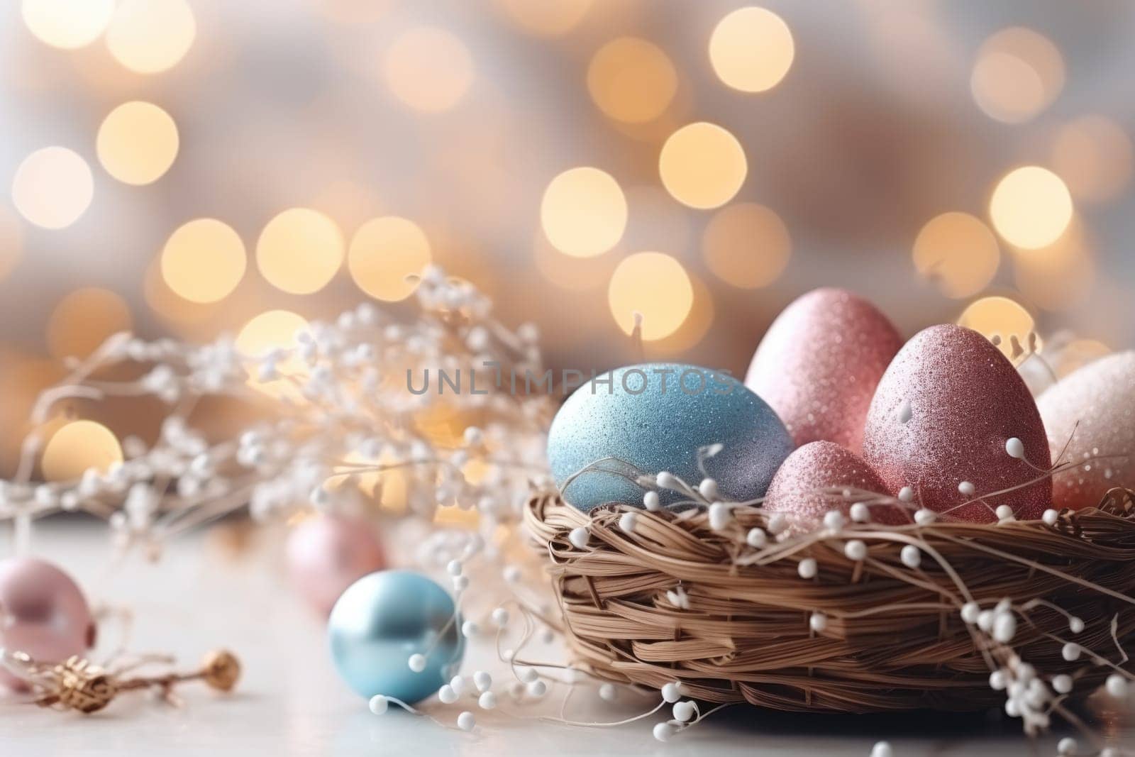 easter banner with easter decorations, easter basket, sparkling bokeh, pastell colors. ai generated