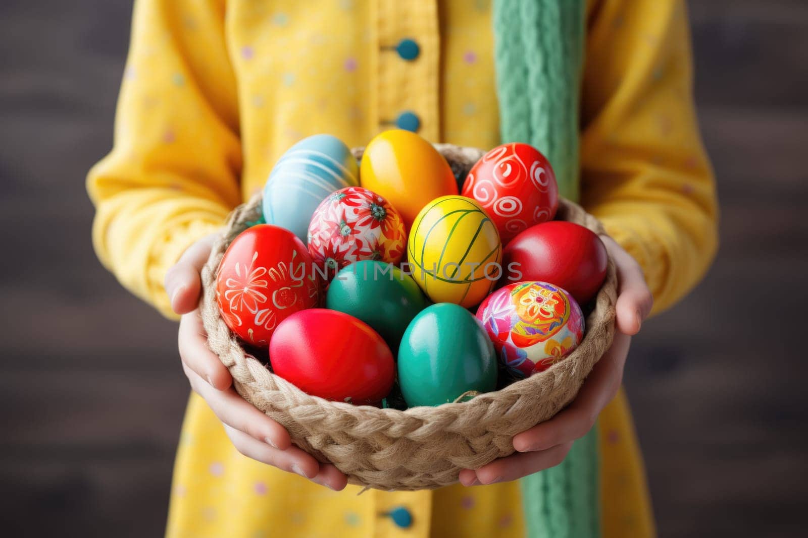 kid holding easter eggs in basket. ai generated