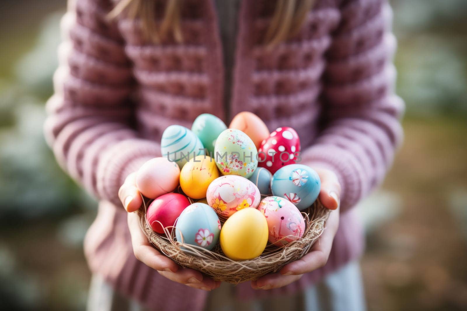 kid holding easter eggs in basket. ai generated