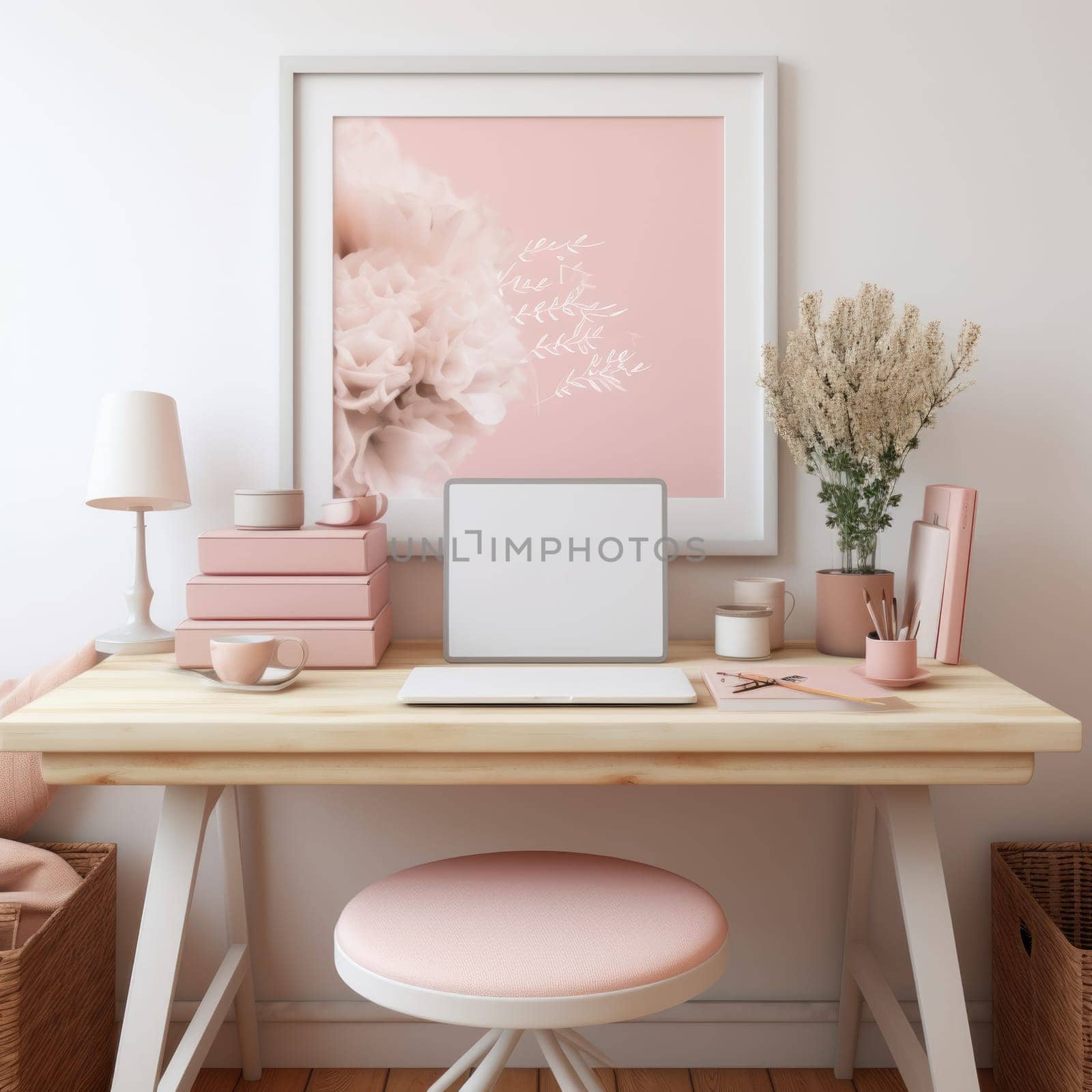 romantic desk mockup, pink and white female accessories , on a white desk. ai generated