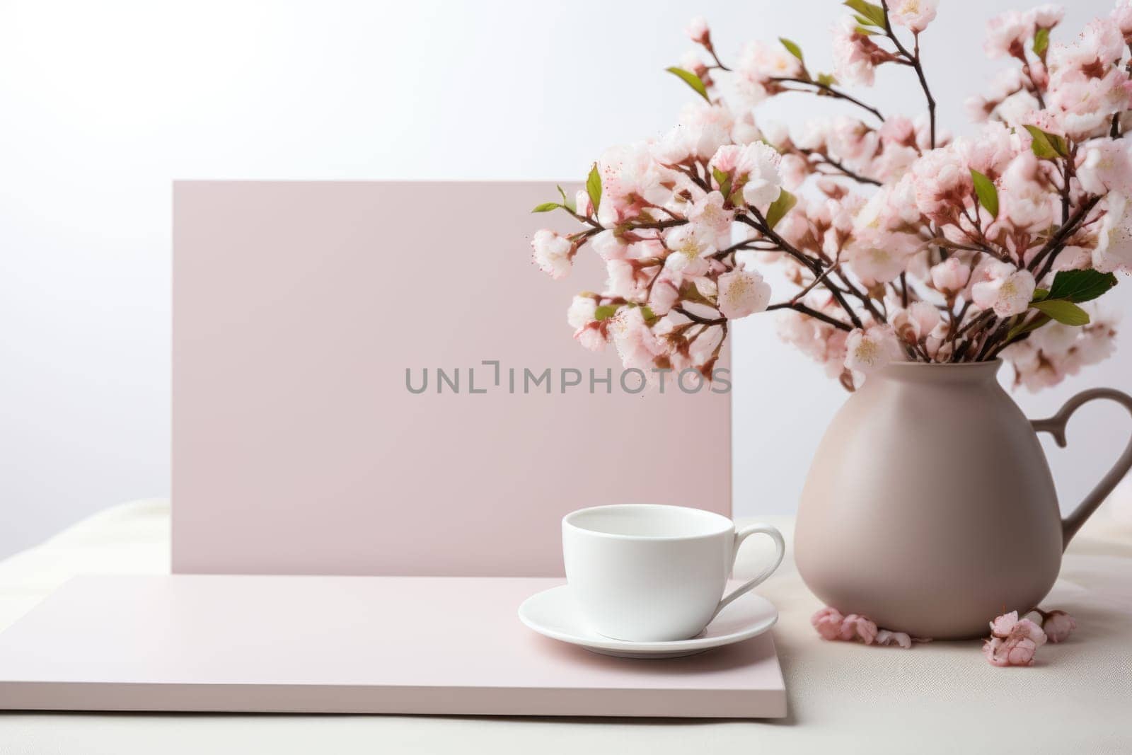 romantic desk mockup, pink flowers, coffee cup and blank card for mockup design. ai generated