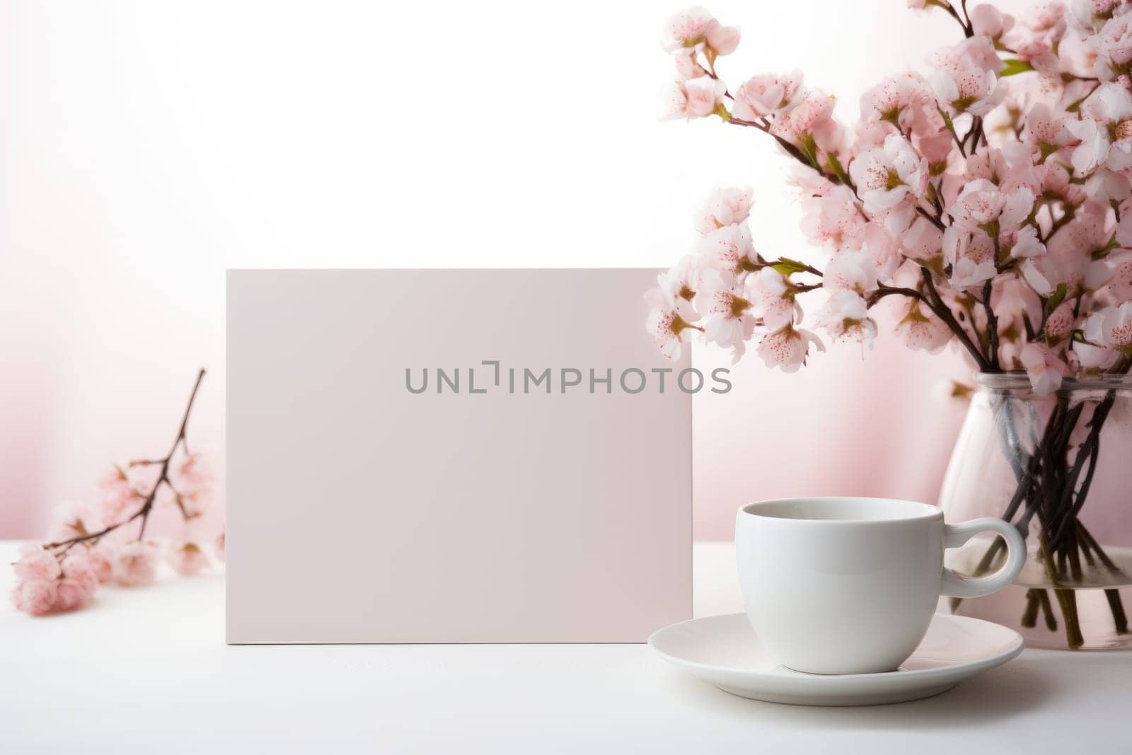 romantic desk mockup, pink flowers, coffee cup and blank card for mockup design. ai generated