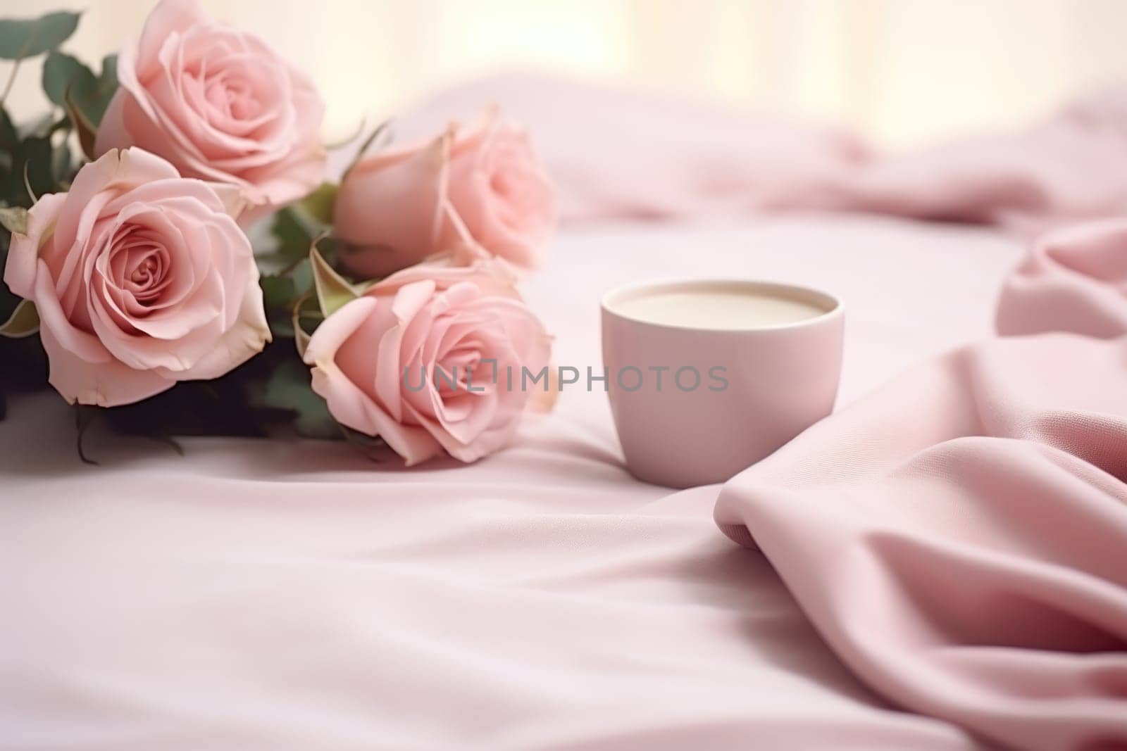 romantic desk mockup, pink flowers and candles with copy space. ai generated