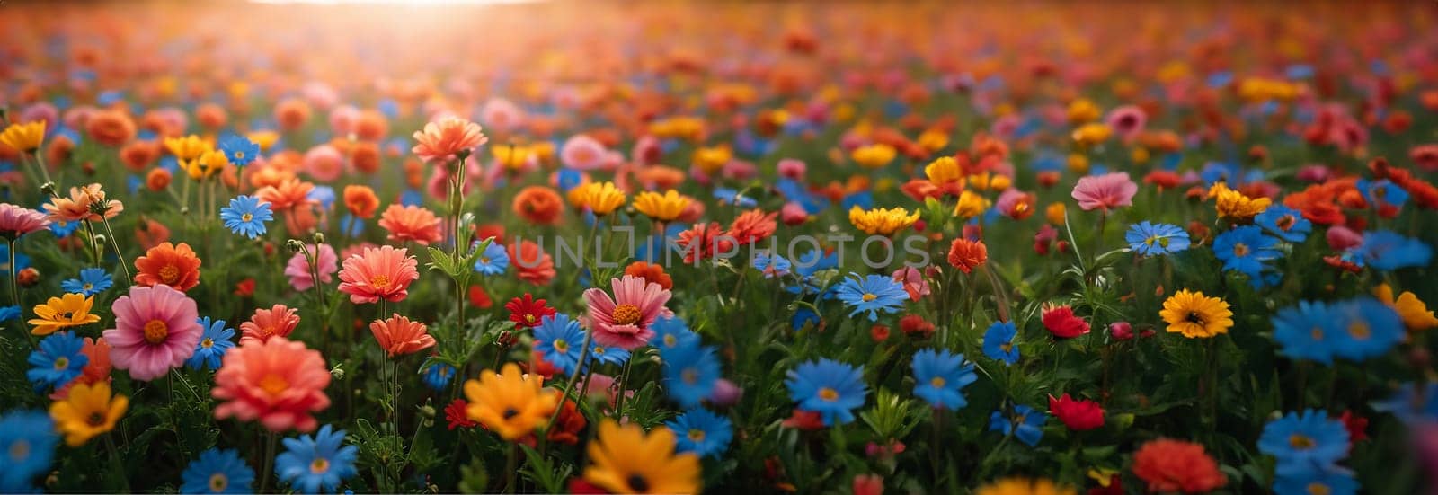 Colorful spring flowers in the sun. Various colored. Summer alpine meadow with colorful wildflowers. Camera moves among grass and colorful flowers, backlight, sunset. Summer alpine green flora background beauty by Annebel146