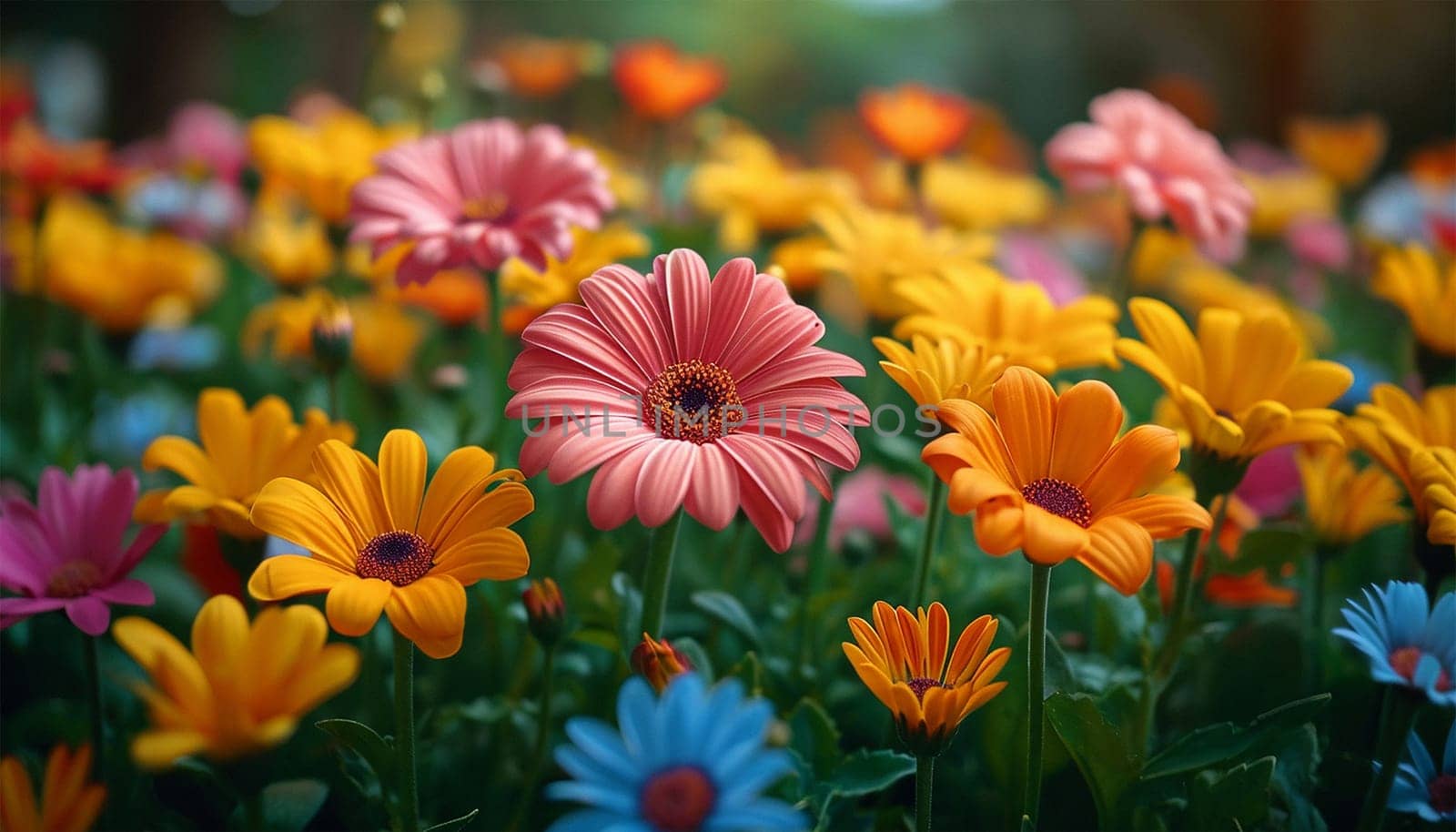 Colorful spring flowers in the sun. Various colored. Summer alpine meadow with colorful wildflowers. Camera moves among grass and colorful flowers, backlight, sunset. Summer alpine green flora background beauty cheerful