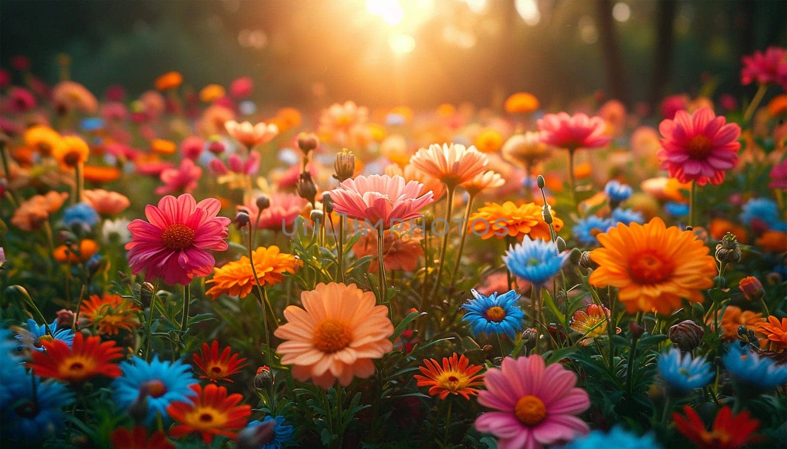 Colorful spring flowers in the sun. Various colored. Summer alpine meadow with colorful wildflowers. Camera moves among grass and colorful flowers, backlight, sunset. Summer alpine green flora background beauty cheerful