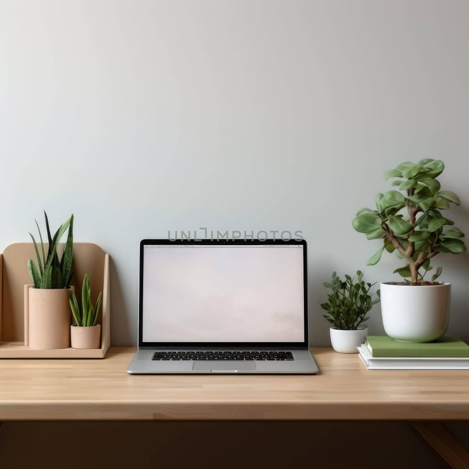 Mockup, front view, Computer on designer desk, desk accessories. ai generated