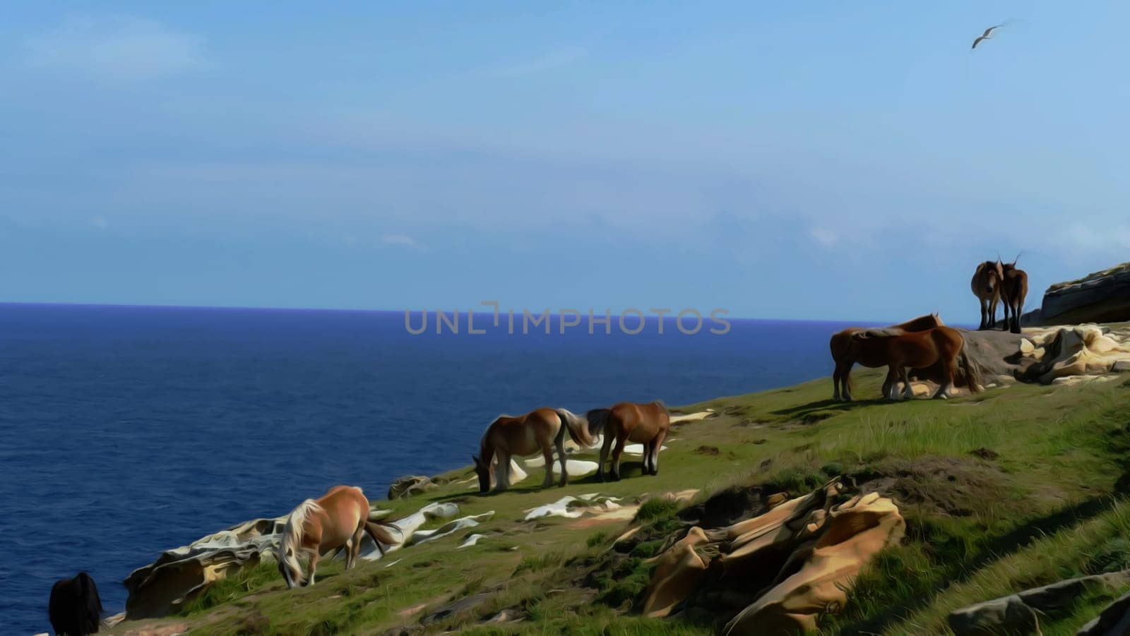 Painting of horses on the sea coast.
