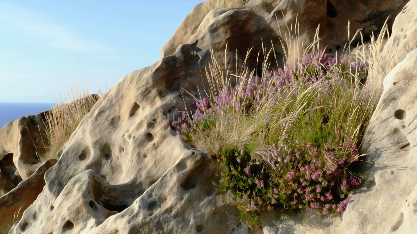 Painting rocks with plants on the sea coast.