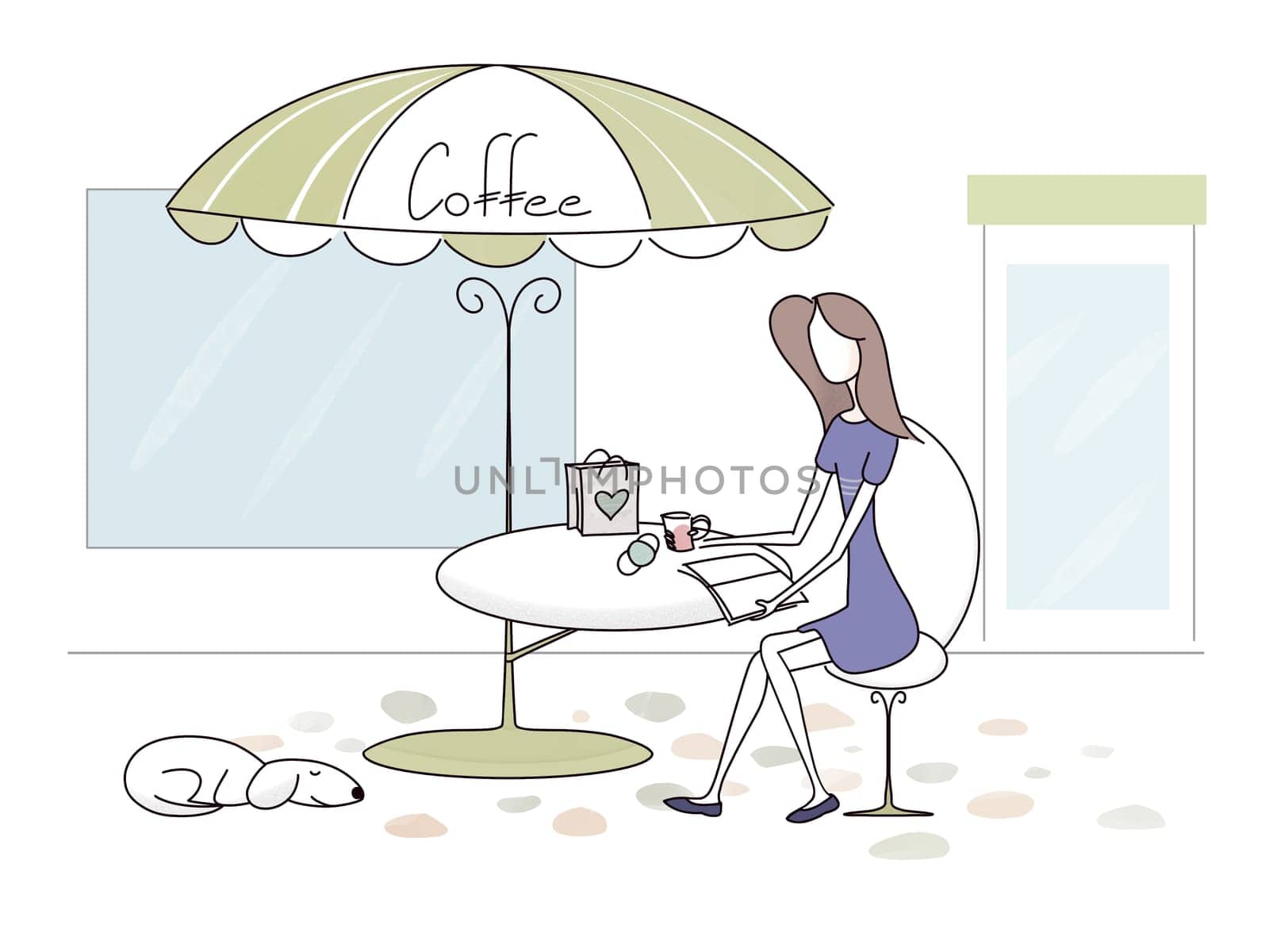 Girl on the terrace of a cafe with her pet.