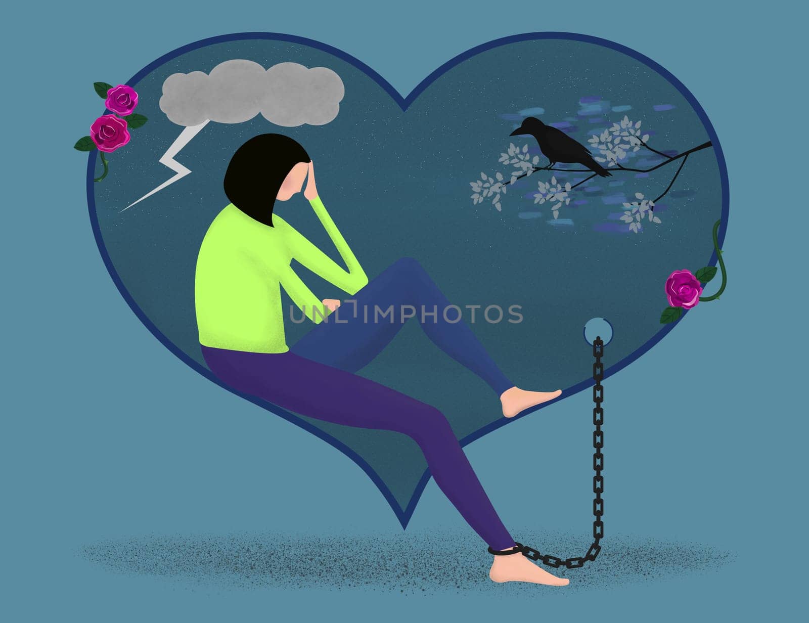 Woman chained to a heart. In concept to a conflicting relationship.