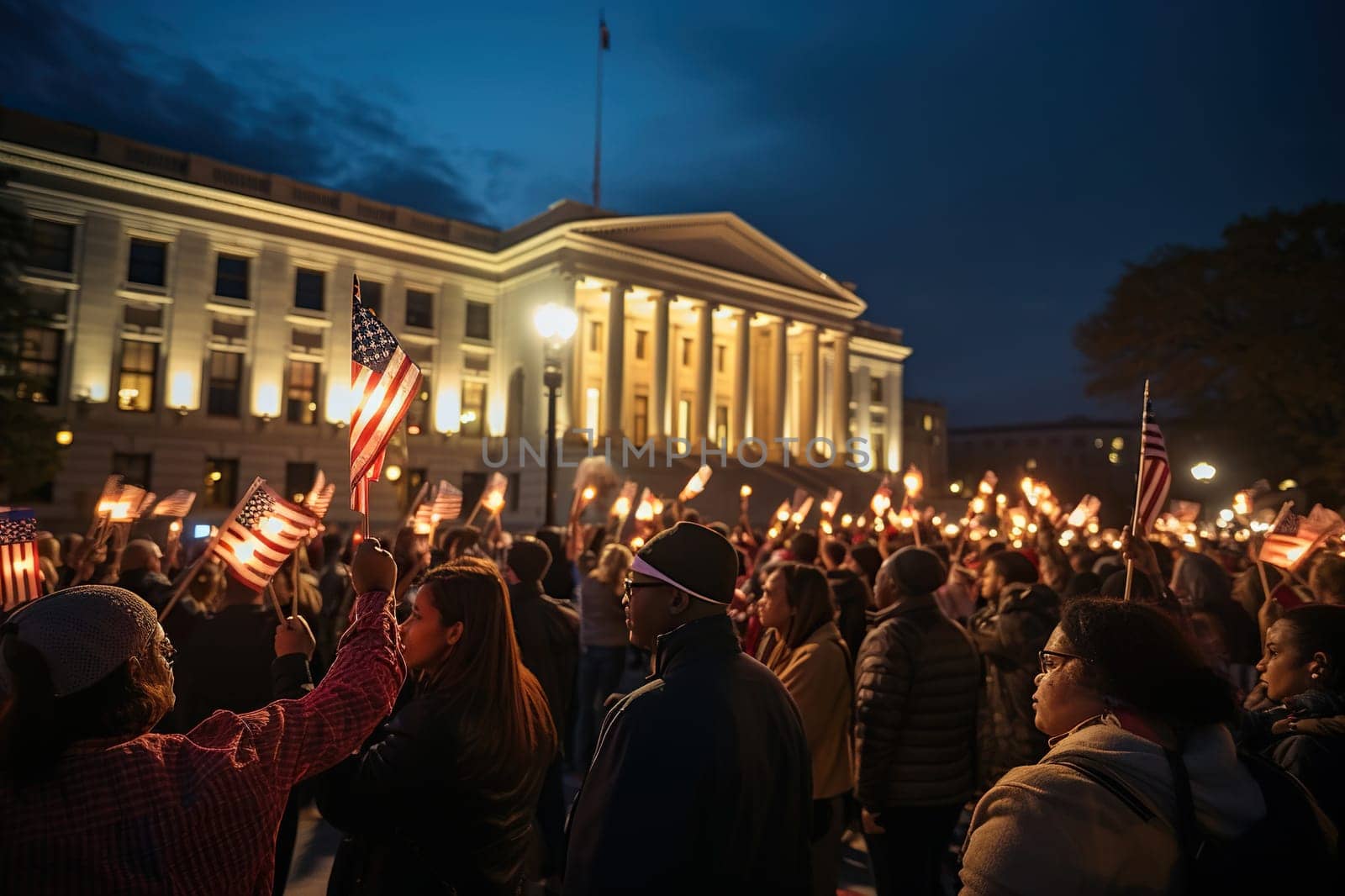 A crowd of people with US flags and burning candles.