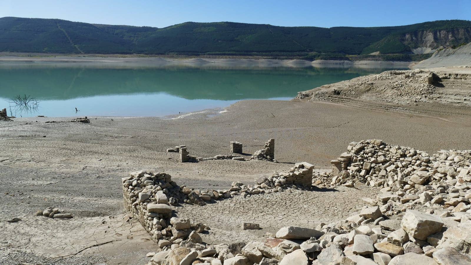 Low water level and remains of the ruins of the Yesa reservoir in Navarre - October, 2019