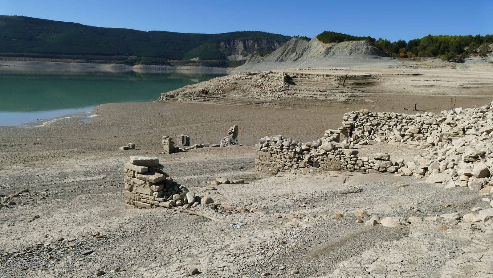 Low water level and remains of the ruins of the Yesa reservoir in Navarre - October, 2019