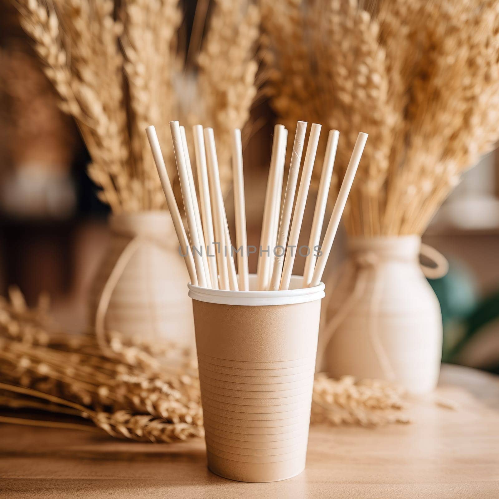 Eco-friendly disposable utensils made of craft paper. Paper cups and straws AI