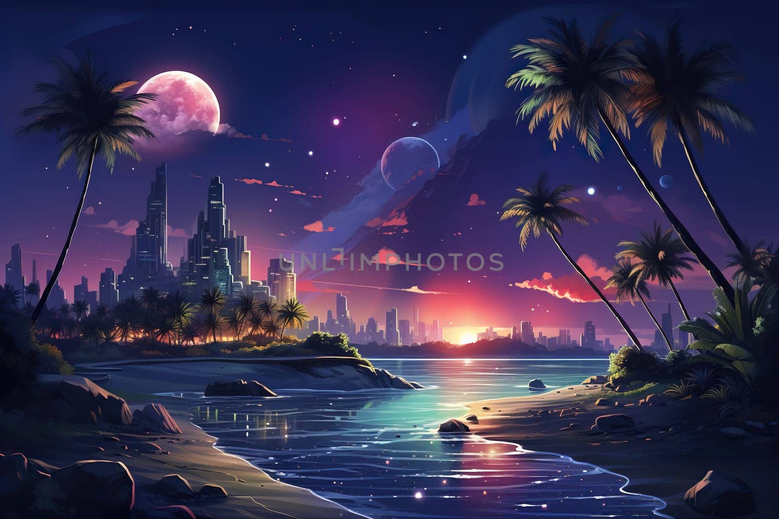 Retro Futuristic landscape with sea, palm trees and skyscrapers.
