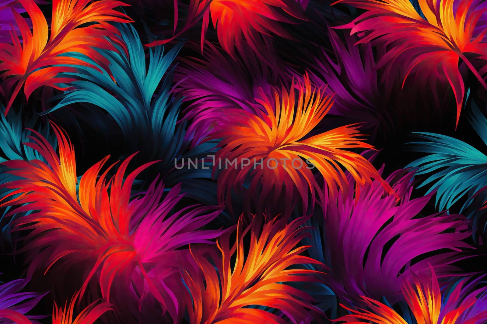 Pattern of bright neon coconut leaves. Tropical background.