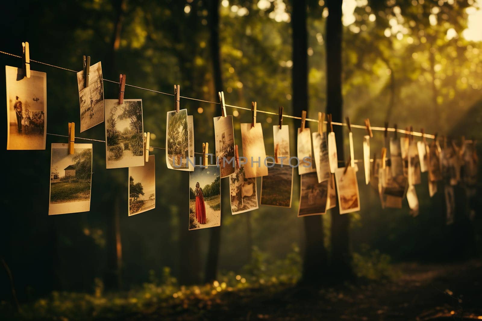 Vintage photos drying on a clothesline in a forest.