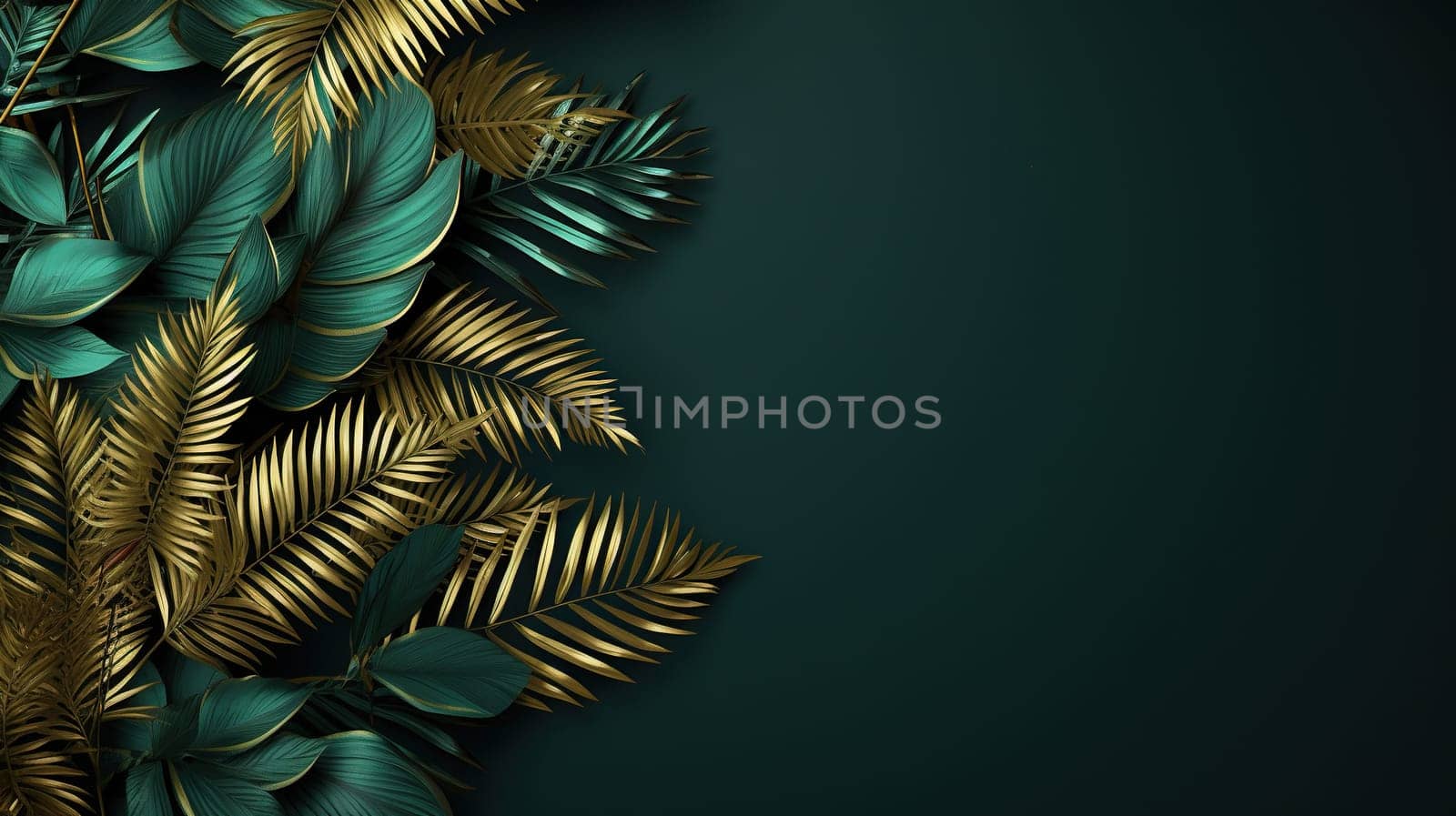 Green background with tropical gilded leaves and space for text.