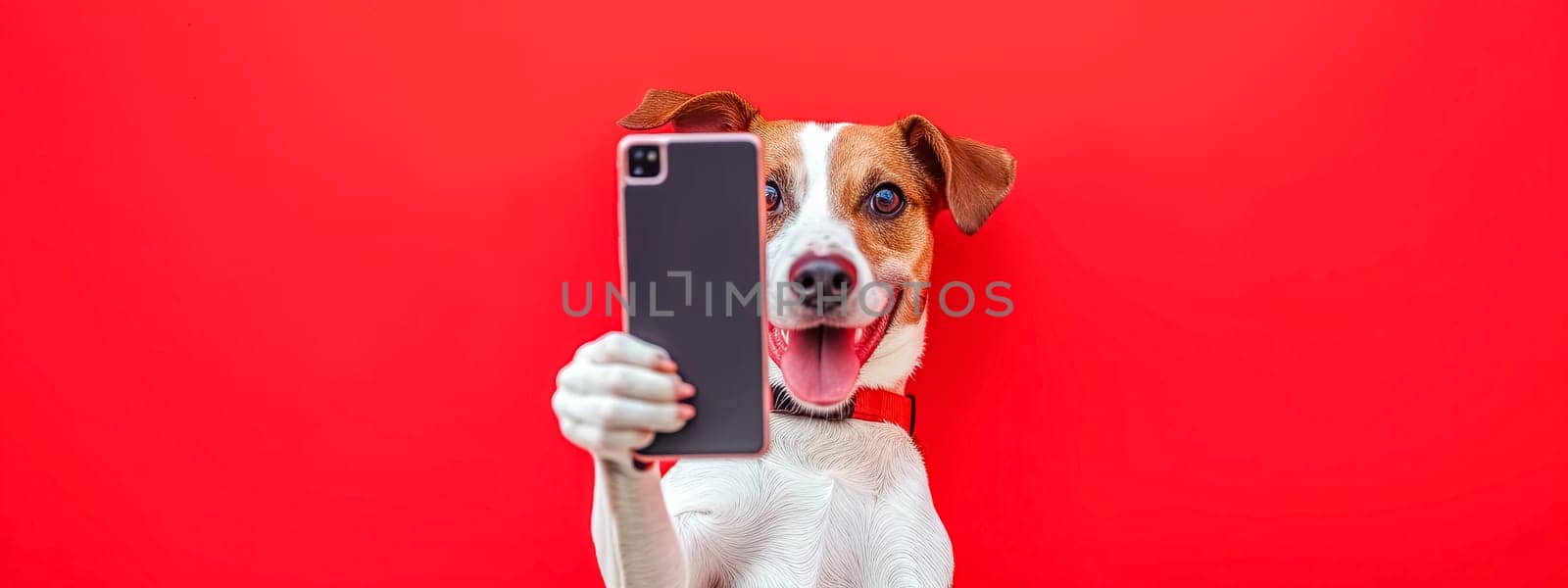 Cheerful Jack Russell Dog Taking a Selfie with Smartphone on Vibrant Red Background by Edophoto