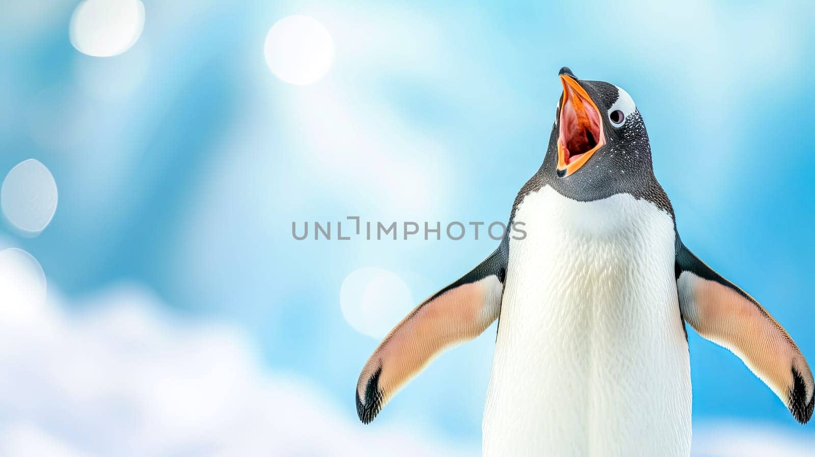 Expressive Emperor Penguin Calling in Sunny Antarctic Environment with Ice and Snow, copy space