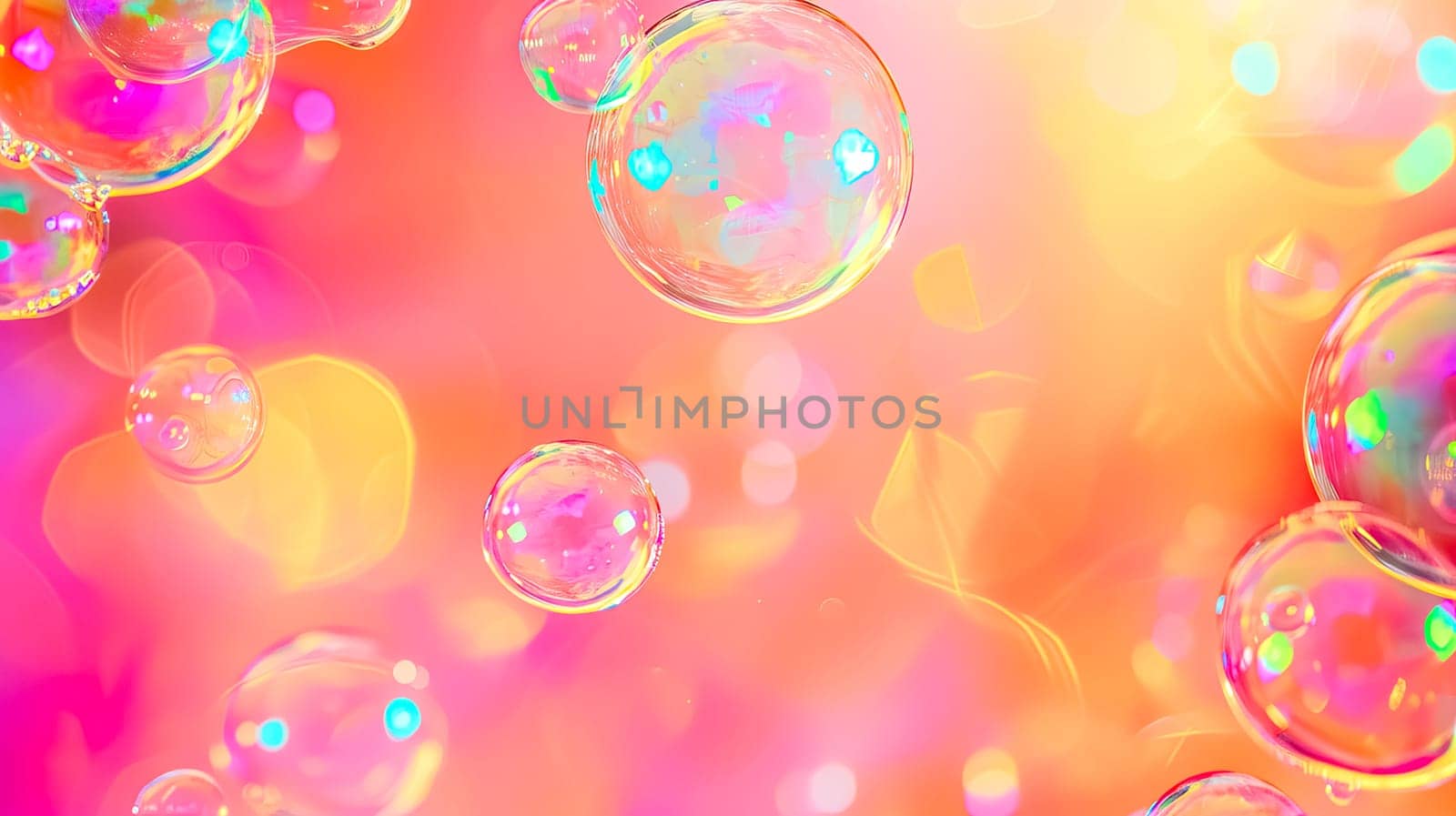 Vibrant and Colorful Soap Bubbles Floating on a Dreamy Pink Iridescent Background.
