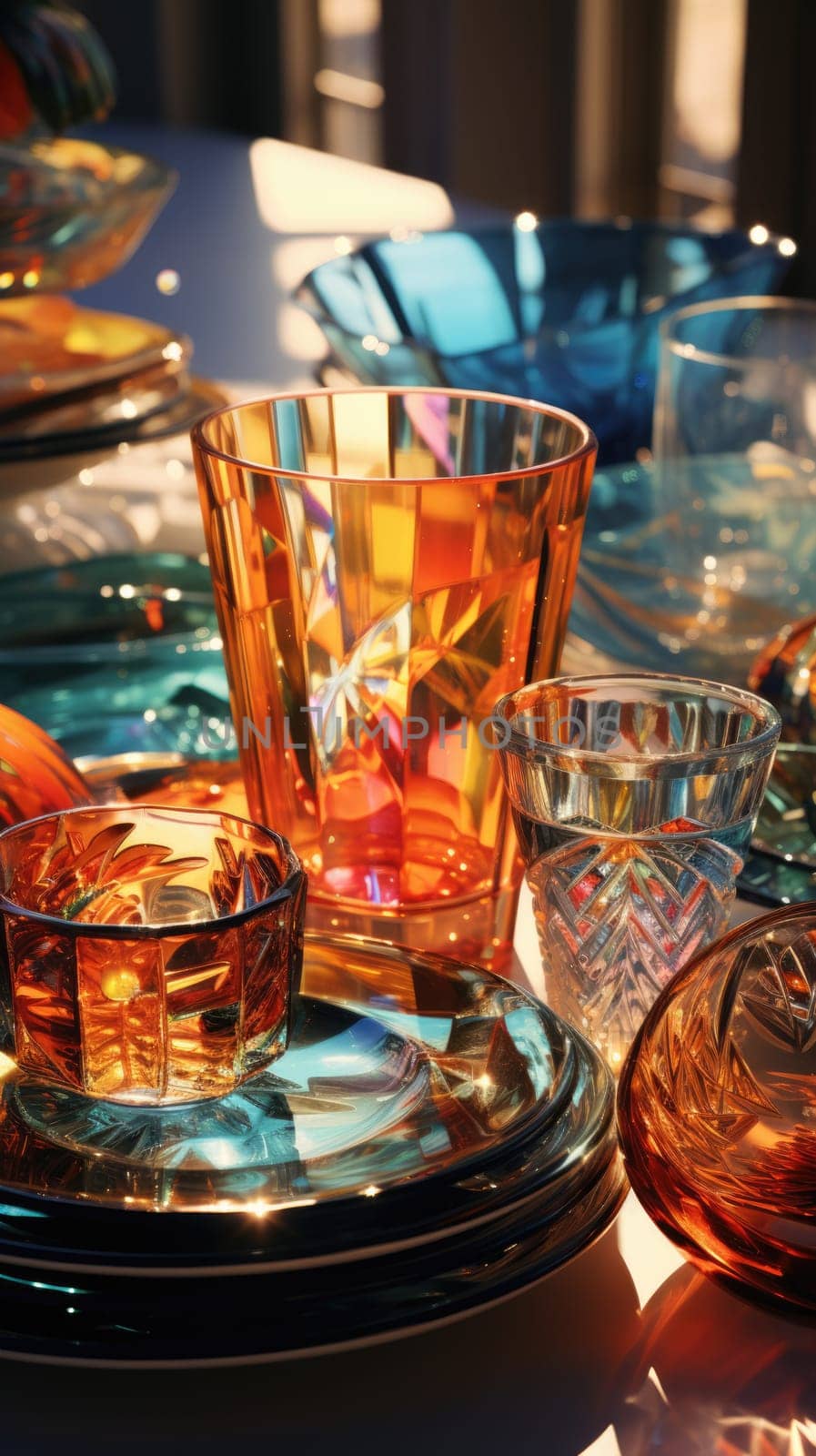 transparent glass retro dish colorful tableware, ai