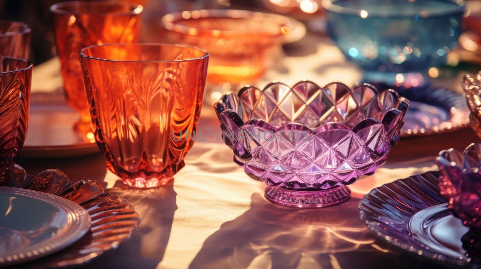 transparent glass retro dish colorful tableware, ai