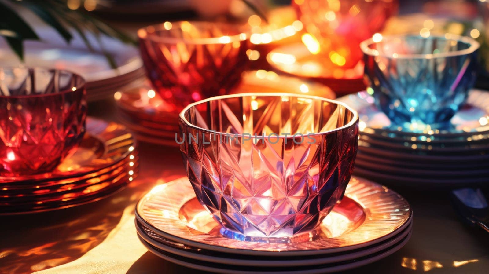 transparent glass retro dish colorful tableware, ai