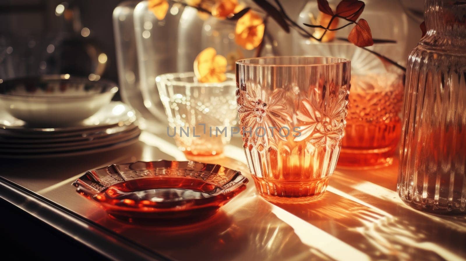 transparent glass retro dish colorful tableware, ai