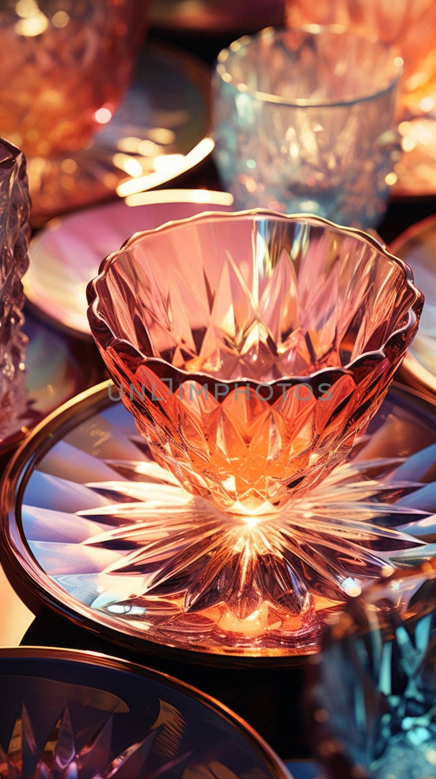 transparent glass retro dish colorful tableware, ai