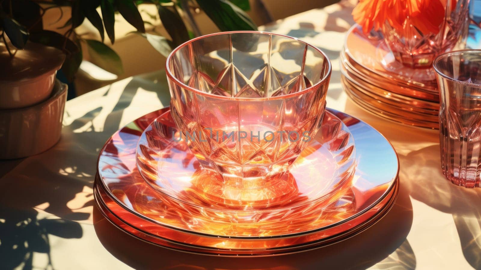 transparent glass retro dish colorful tableware, ai
