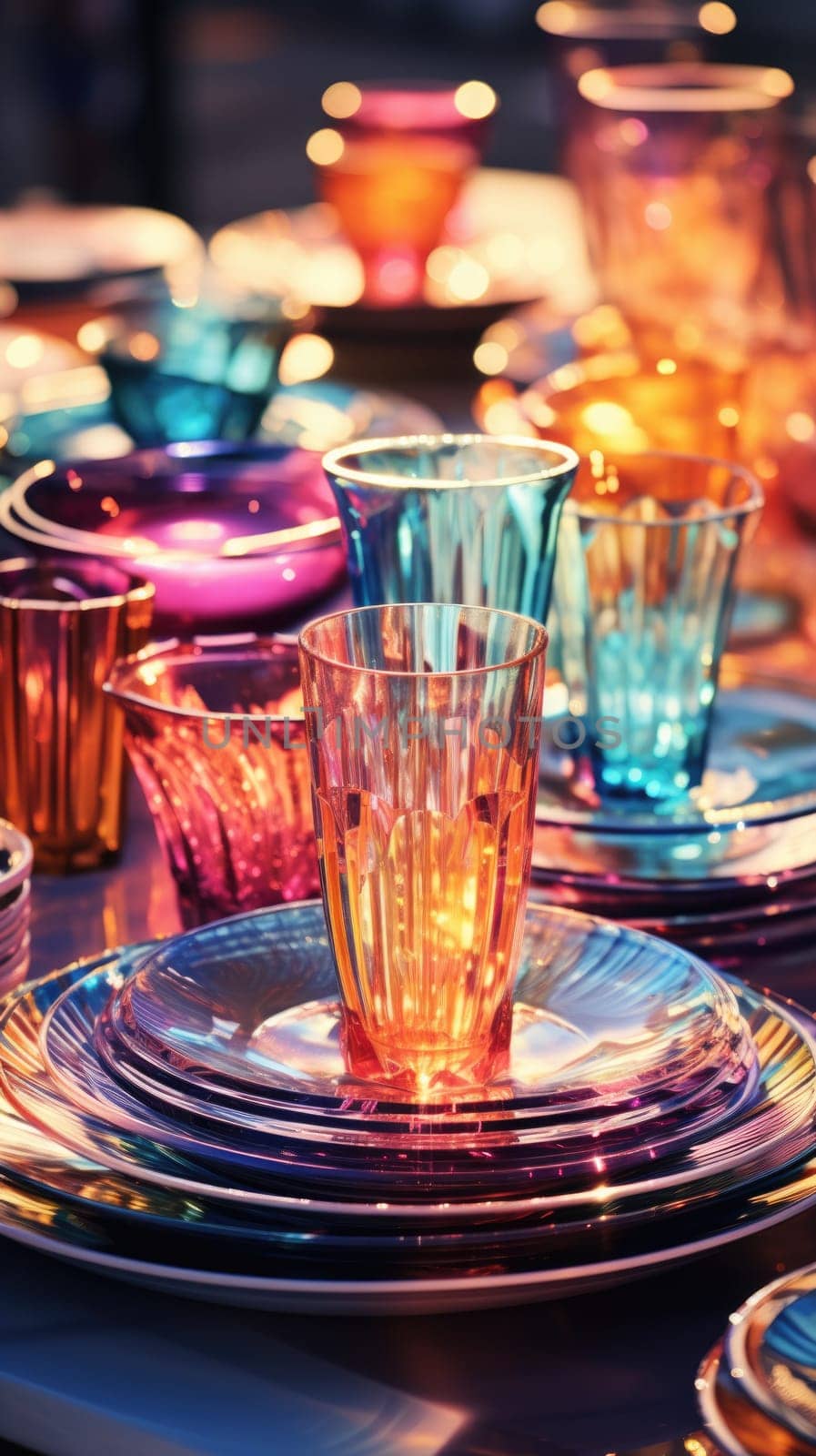 transparent glass retro dish colorful tableware, ai