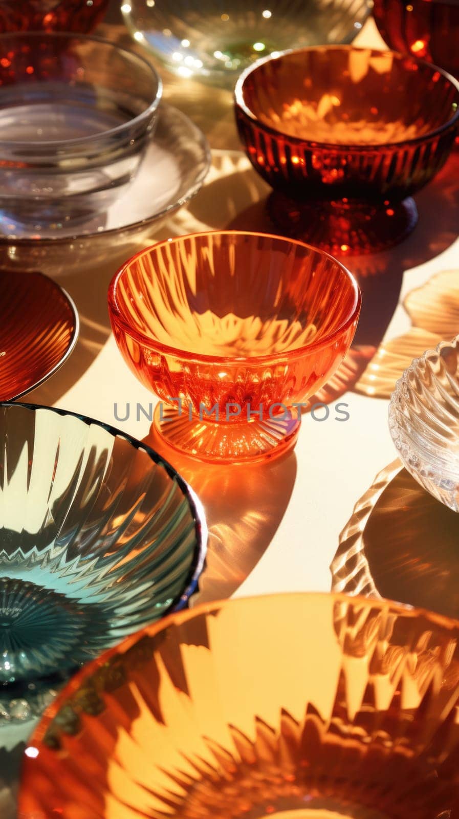 transparent glass retro dish colorful tableware, ai