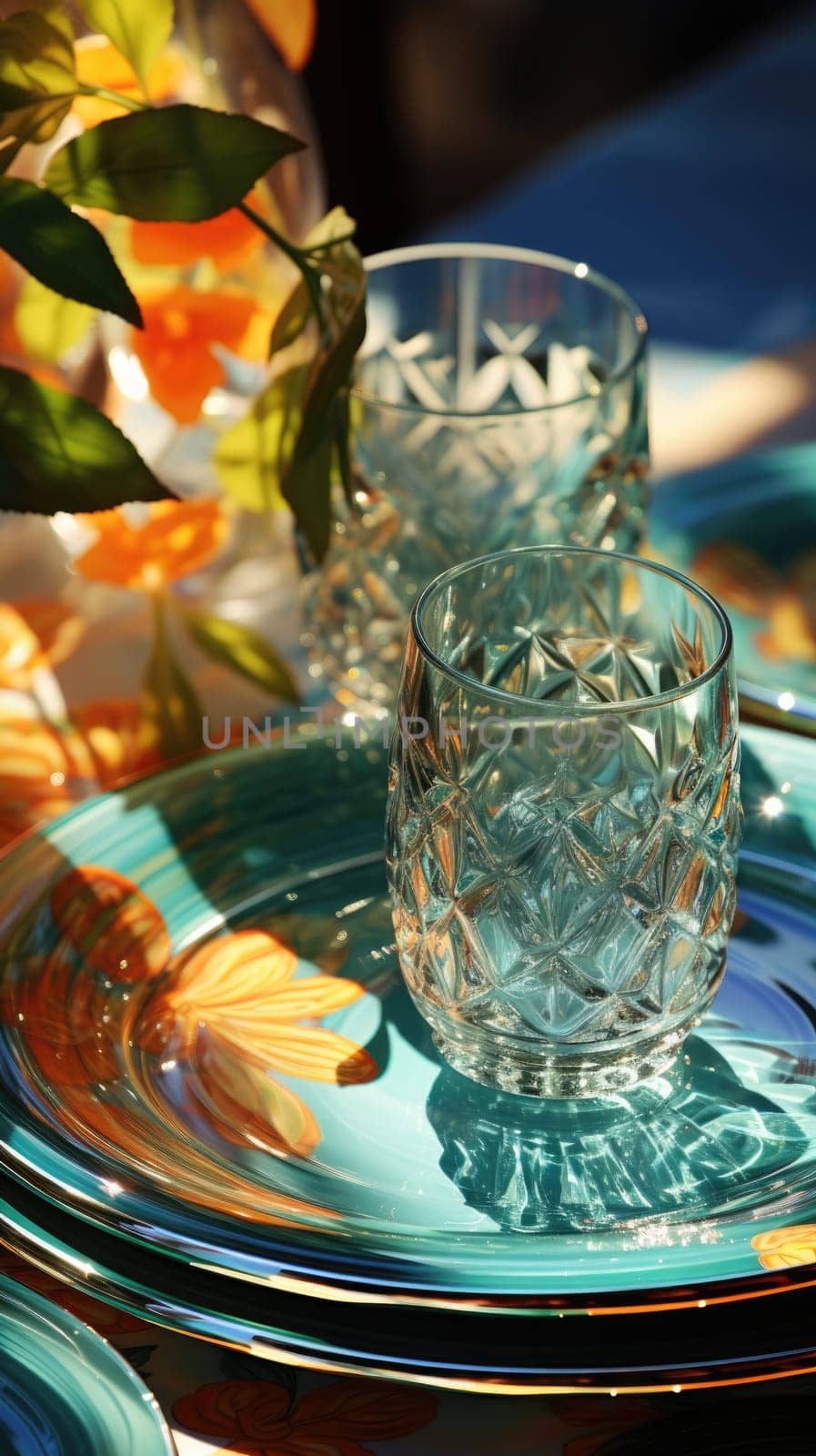 transparent glass retro dish colorful tableware, ai