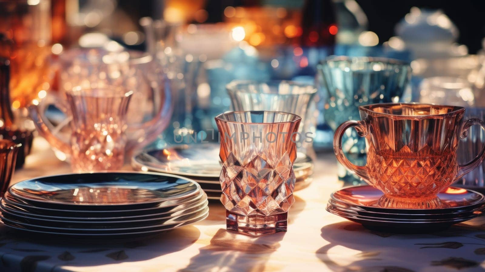 transparent glass retro dish colorful tableware, ai