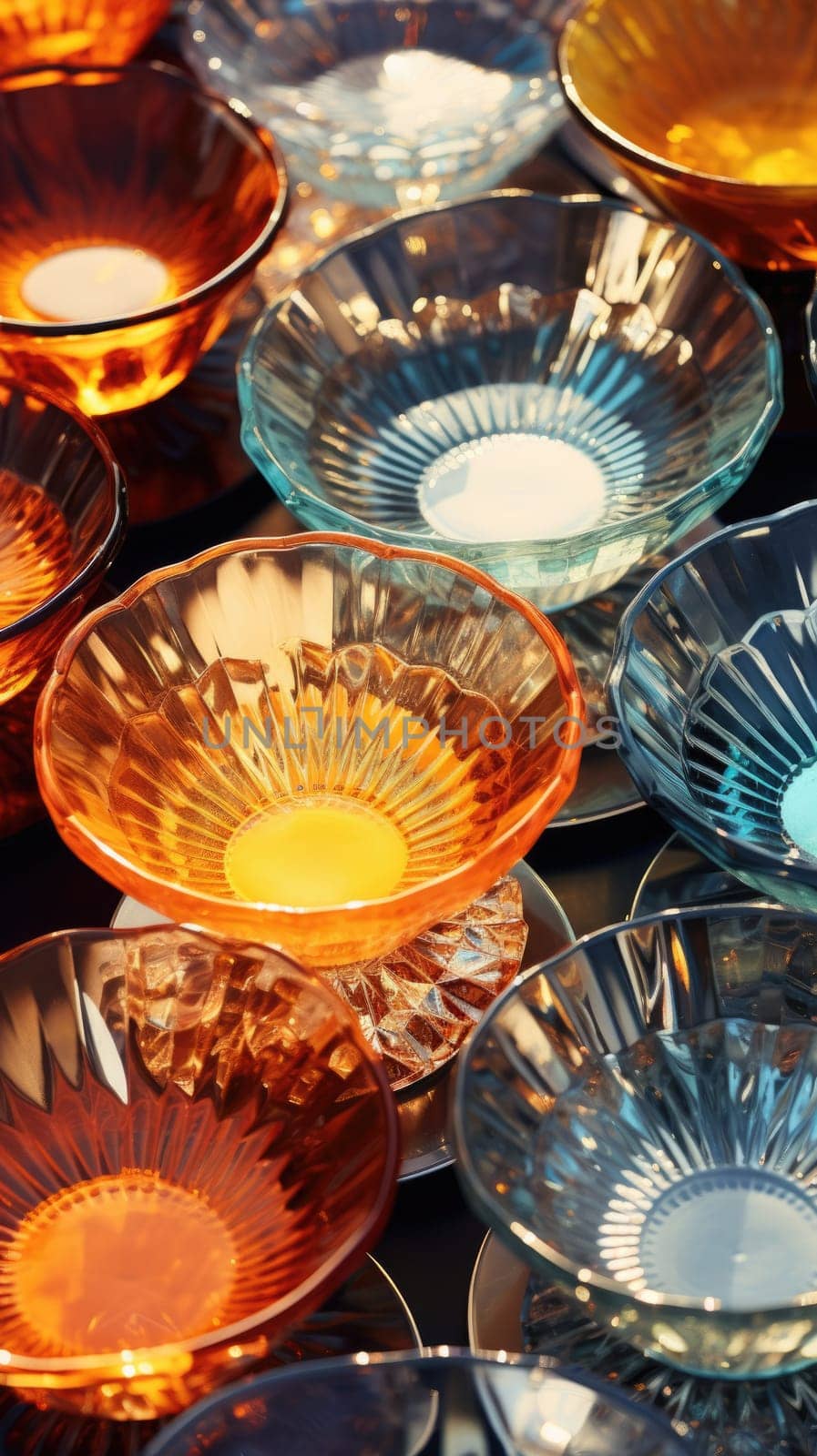 transparent glass retro dish colorful tableware, ai
