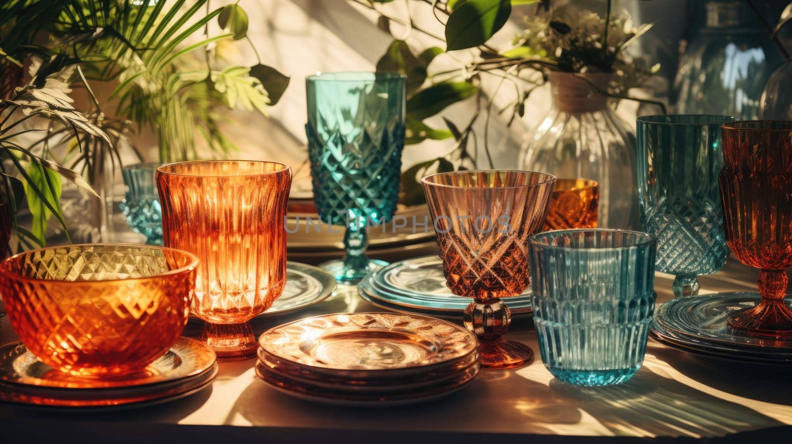transparent glass retro dish colorful tableware, ai