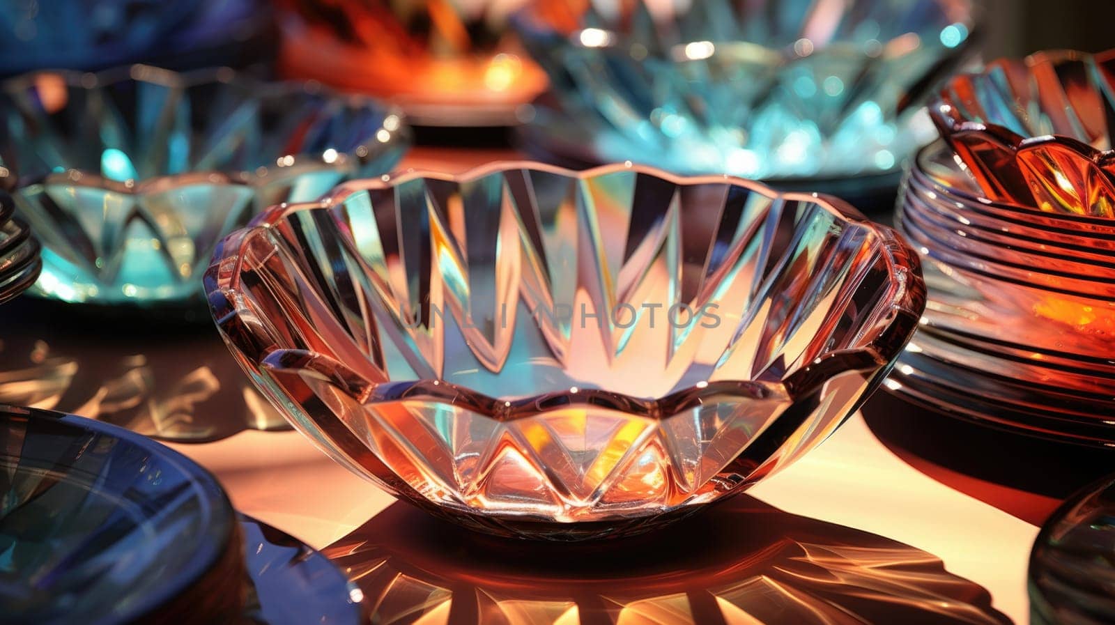transparent glass retro dish colorful tableware, ai