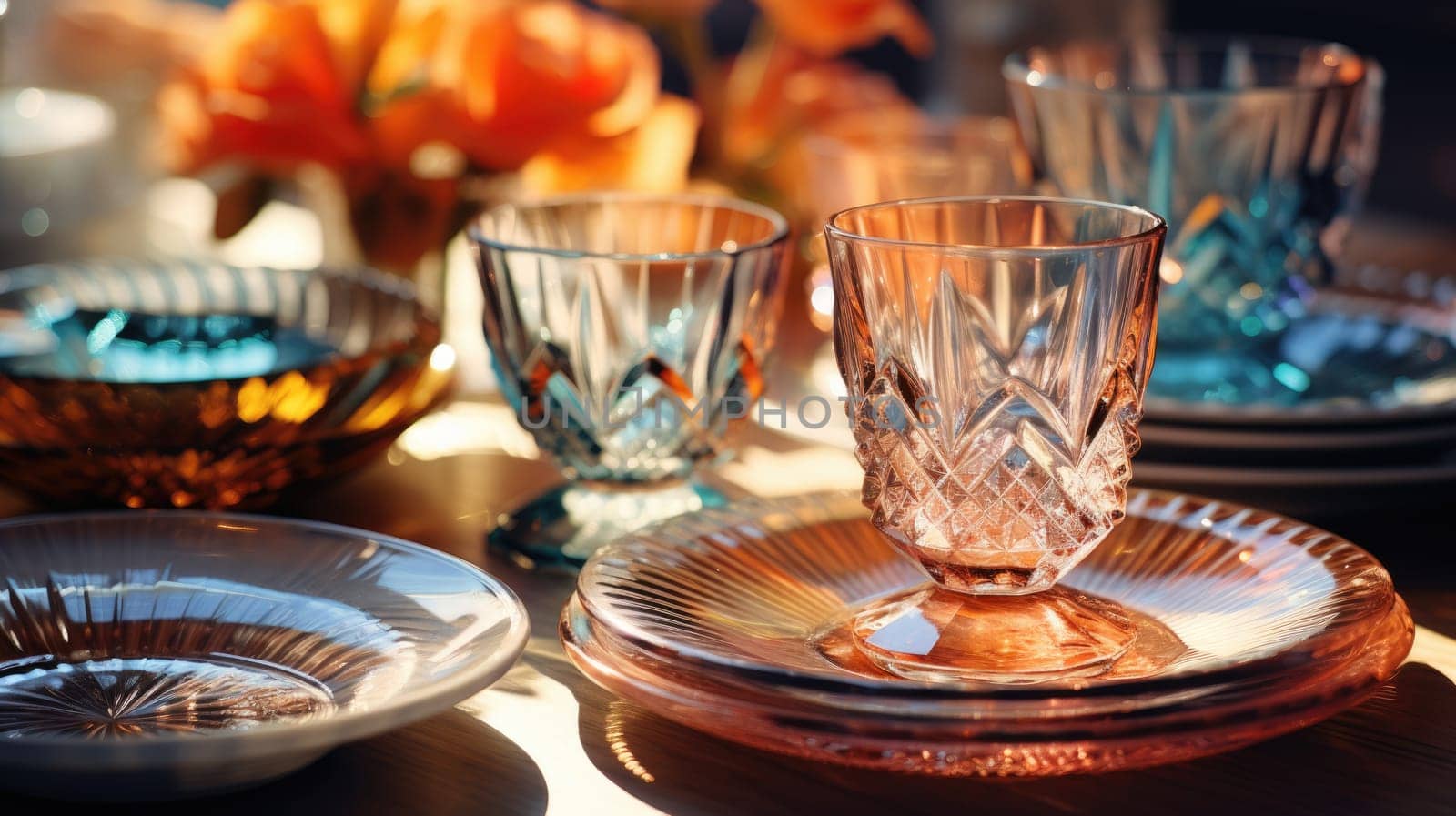 transparent glass retro dish colorful tableware, ai