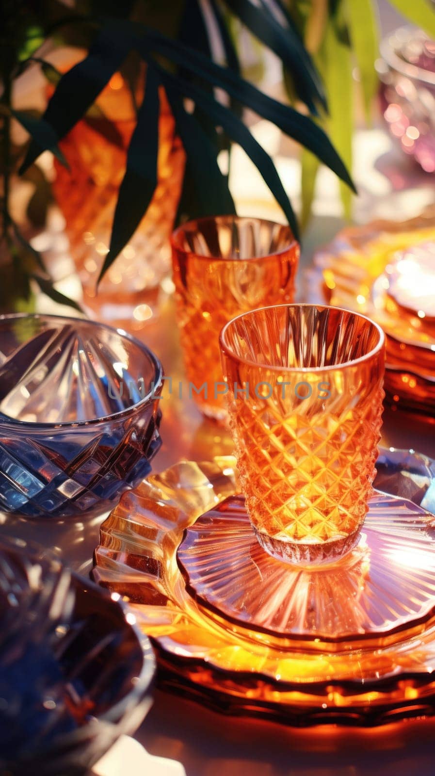 transparent glass retro dish colorful tableware, ai