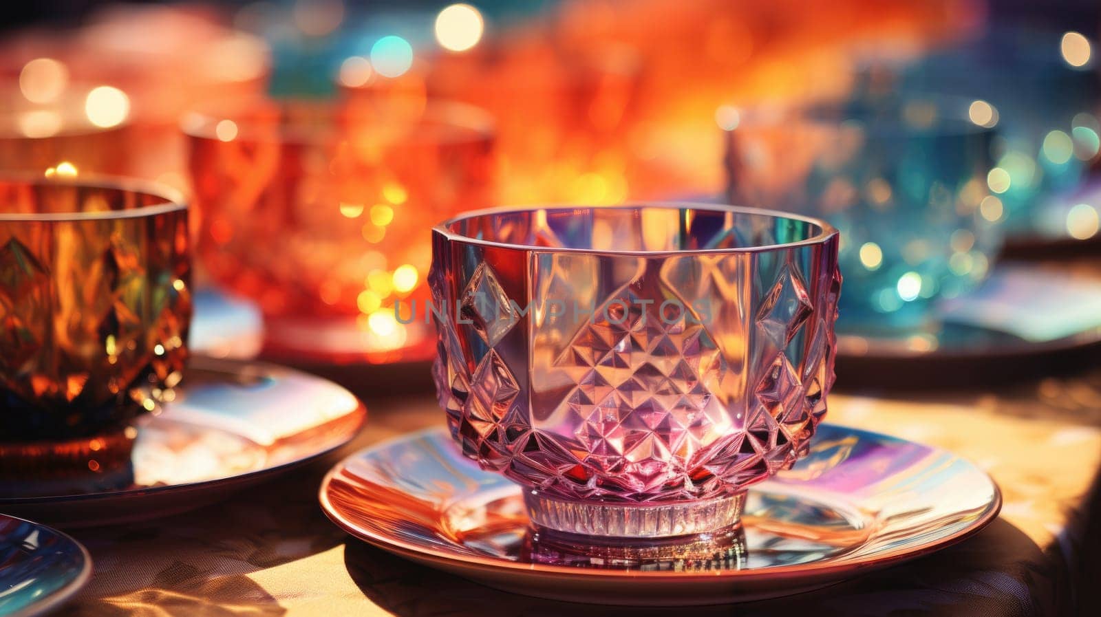 transparent glass retro dish colorful tableware, ai
