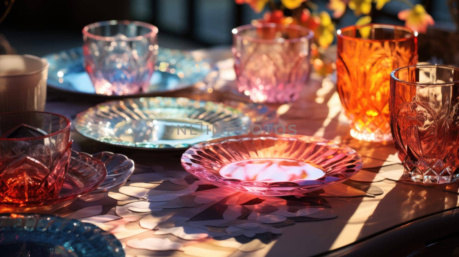 transparent glass retro dish colorful tableware, ai